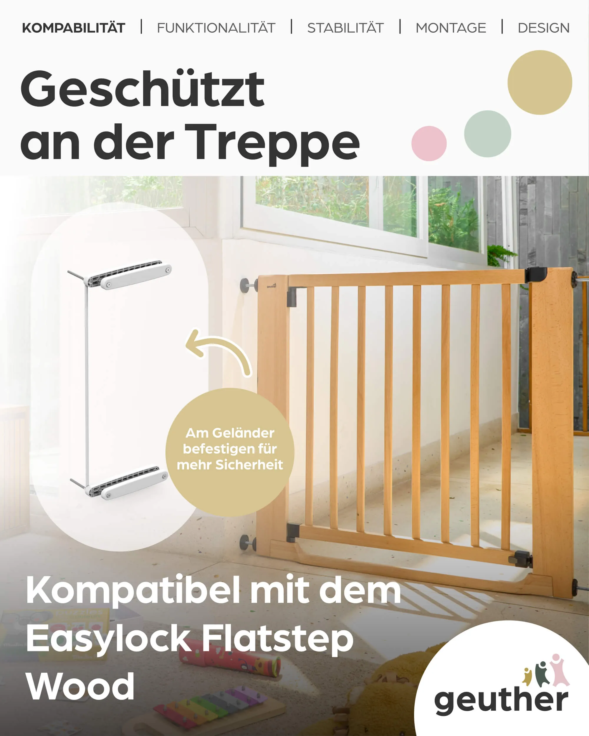 Treppenschutzgitter Easylock mit Flatstep aus Holz - 71 cm - 79 cm