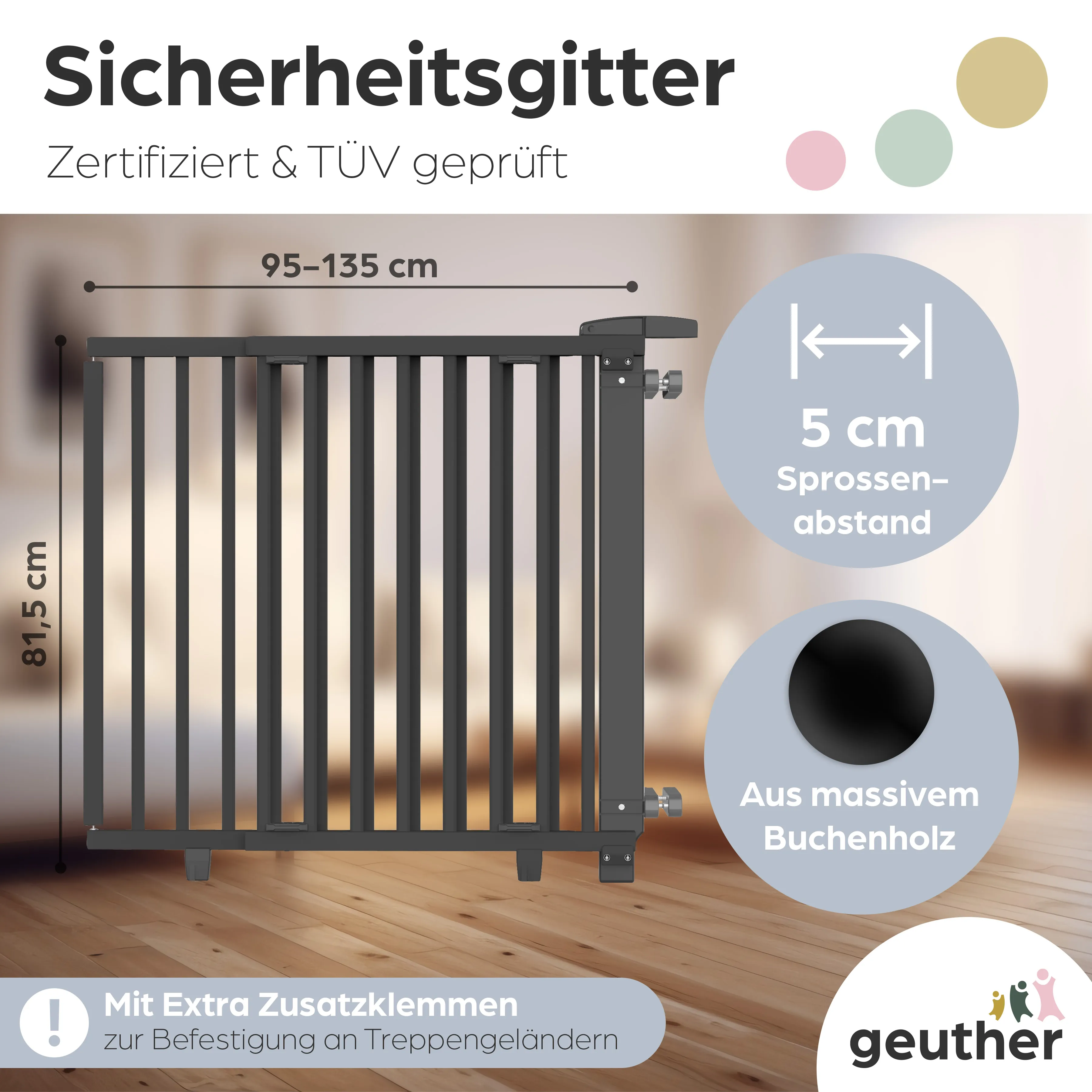Treppenschutzgitter Oris (2735+) für Öffnungen von 95 cm - 135 cm aus Holz