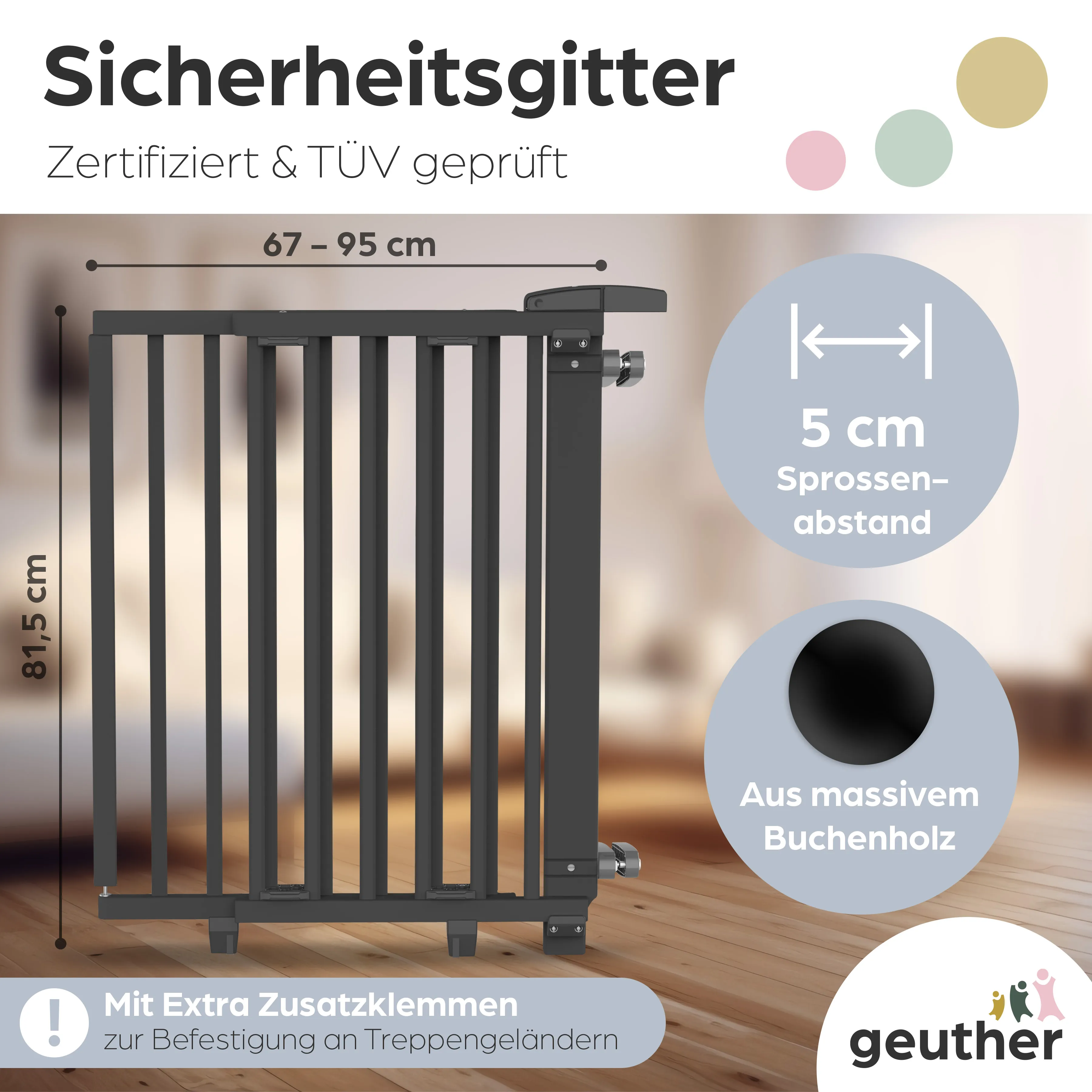 Treppenschutzgitter Oris (2733+) für Öffnungen von 67 cm - 95 cm aus Holz