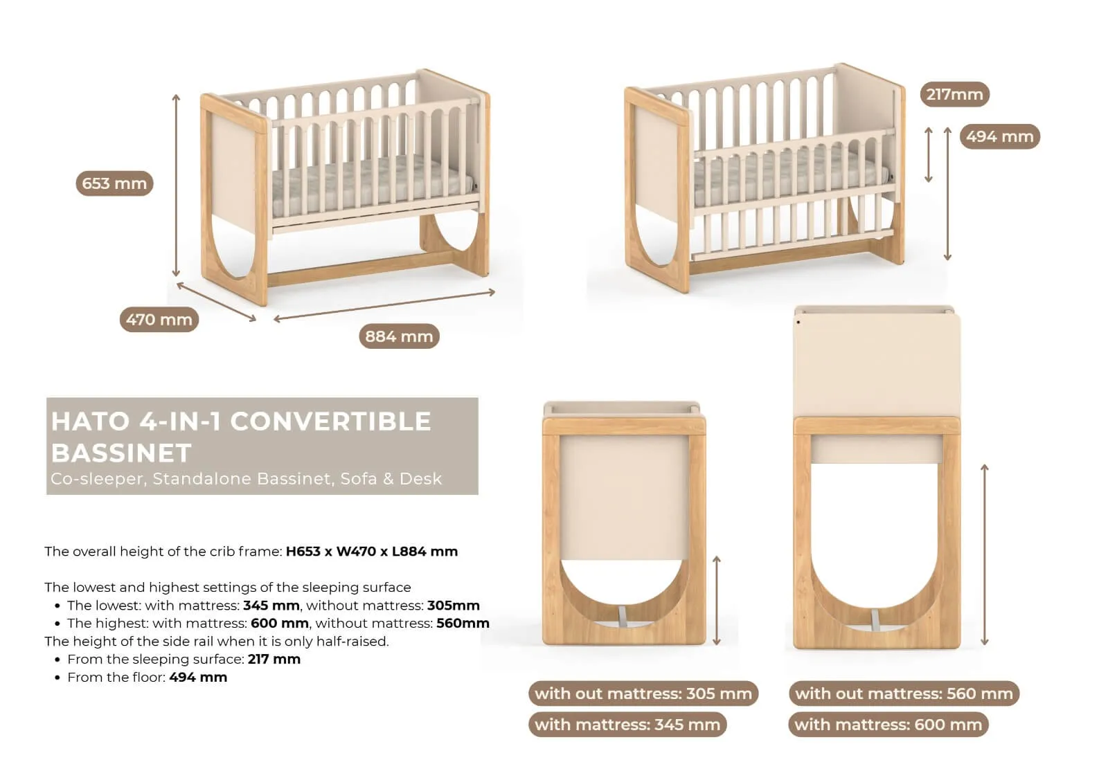 HATO - Baby- & Beistellbett 4in1