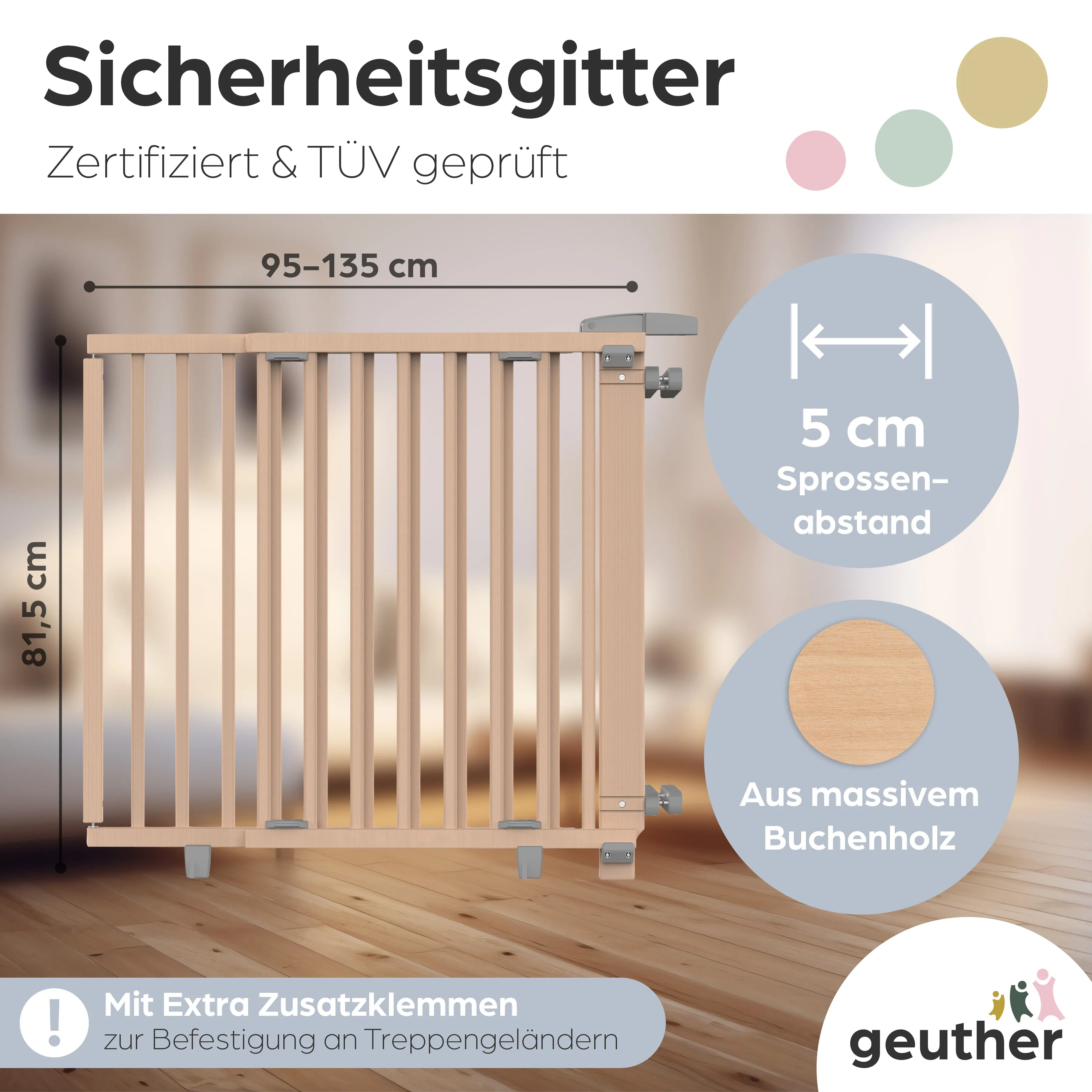 Treppenschutzgitter Oris (2735+) für Öffnungen von 95 cm - 135 cm aus Holz
