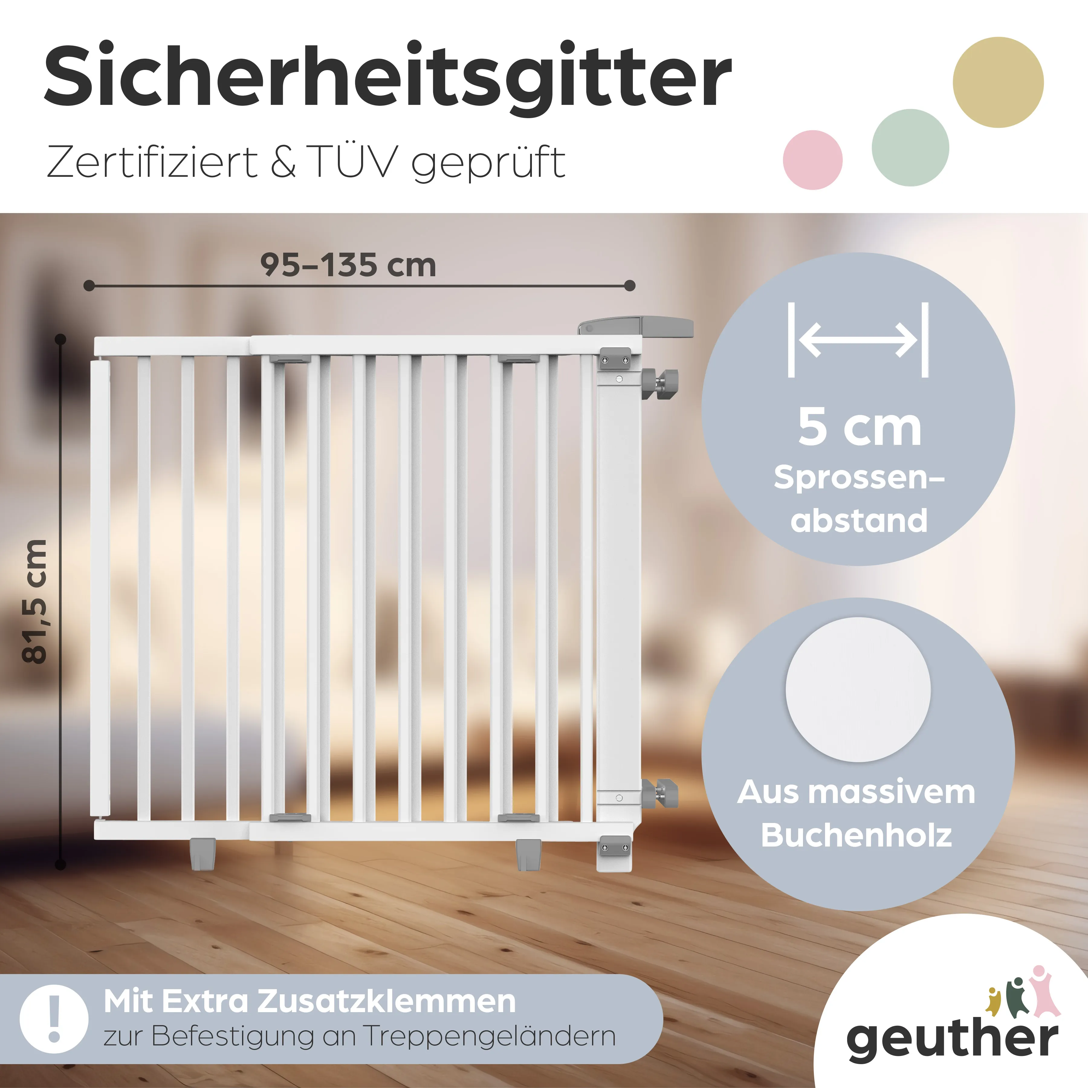 Treppenschutzgitter Oris (2735+) für Öffnungen von 95 cm - 135 cm aus Holz