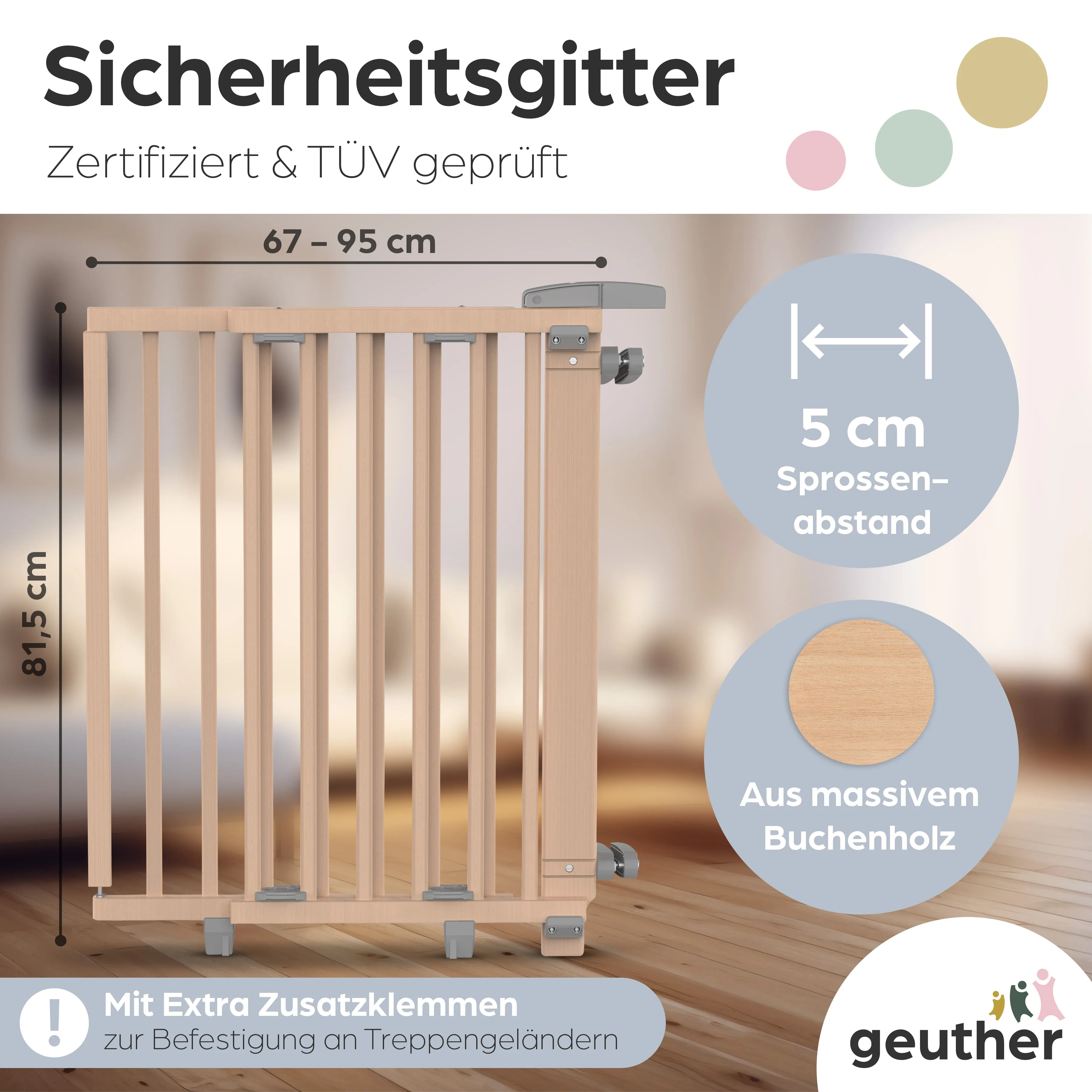 Treppenschutzgitter Oris (2733+) für Öffnungen von 67 cm - 95 cm aus Holz